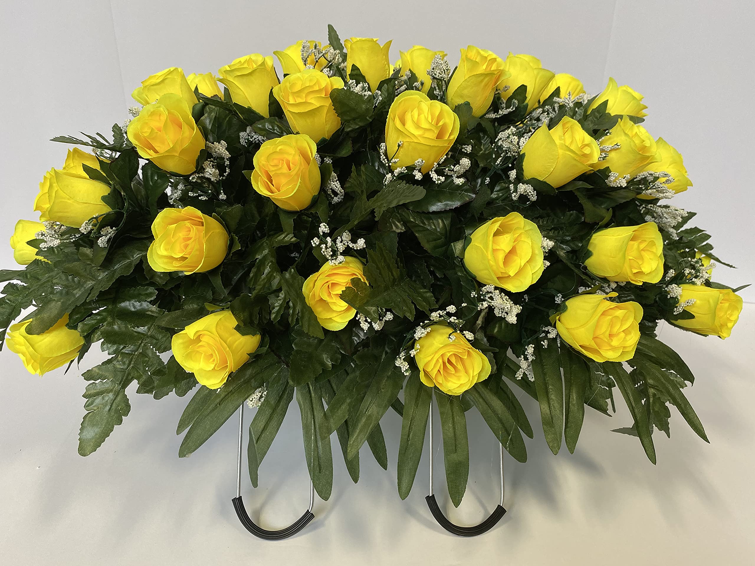 Yellow Rose with Baby's Breath Flowers Cemetery Headstone Saddle Arrangement