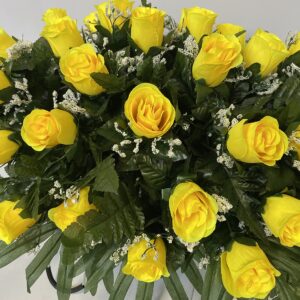 Yellow Rose with Baby's Breath Flowers Cemetery Headstone Saddle Arrangement