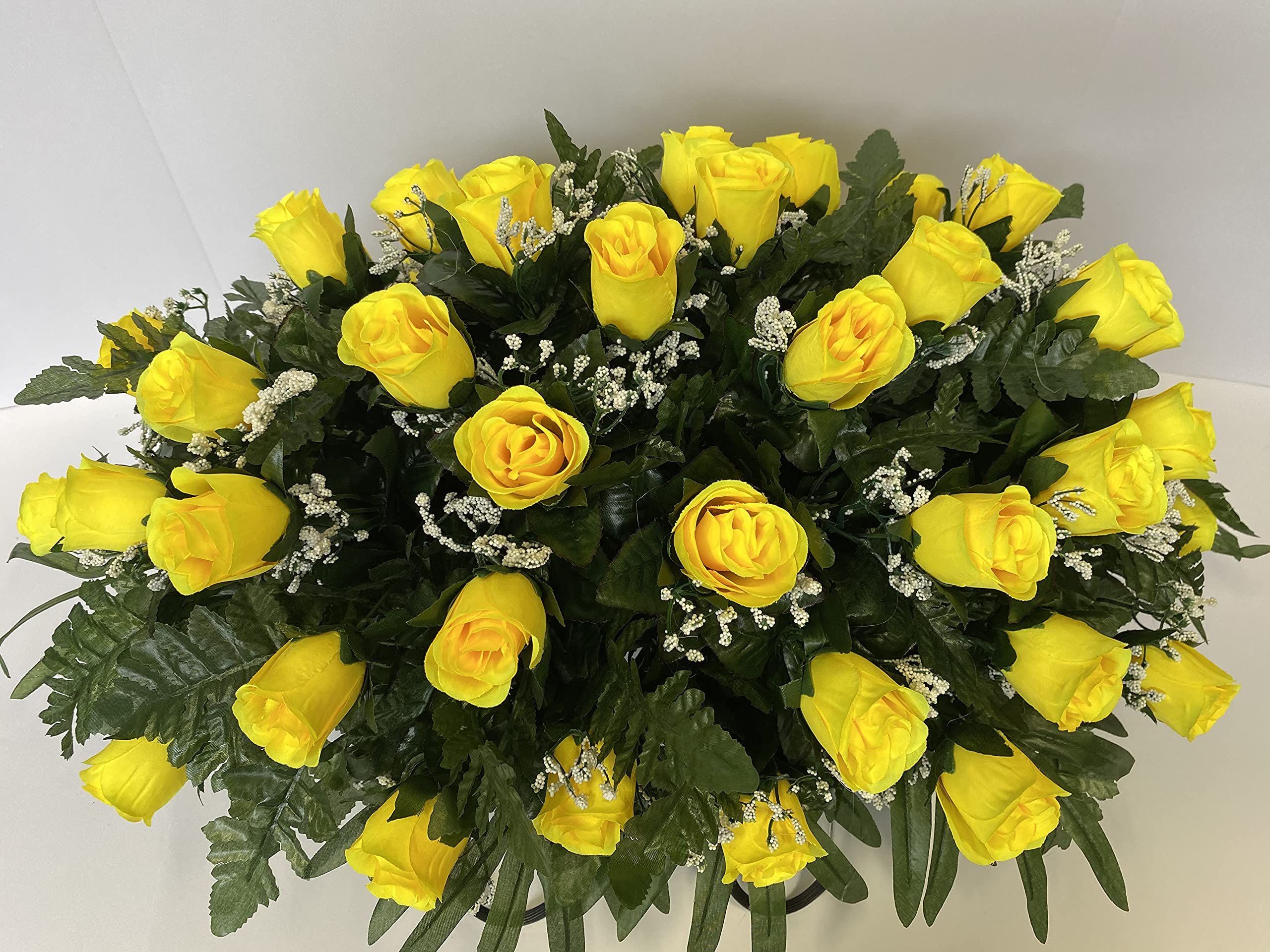 Yellow Rose with Baby's Breath Flowers Cemetery Headstone Saddle Arrangement