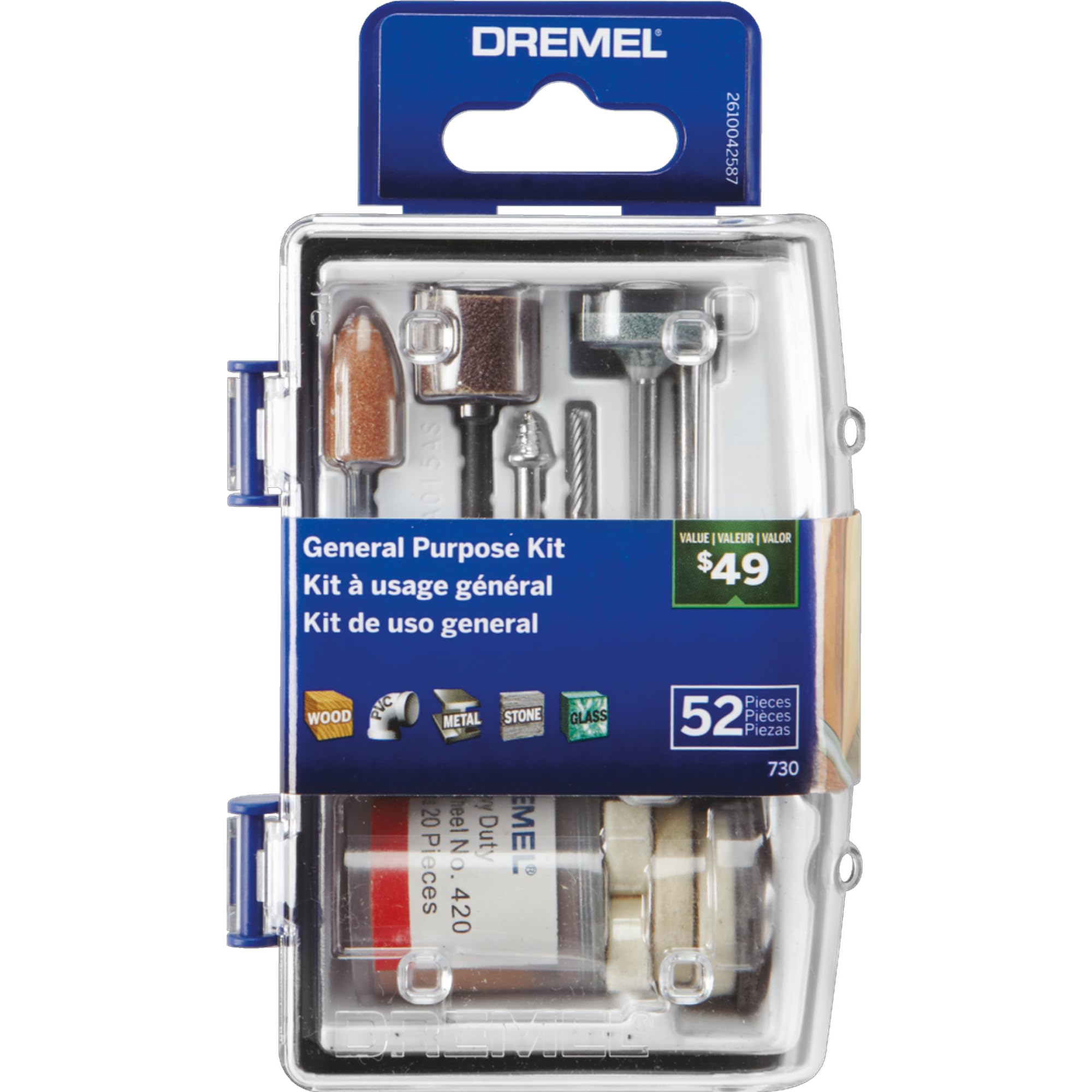 Dremel 730-01 All-Purpose Rotary Tool Accessories Kit - 52 Piece Assorted Set- Includes a Carving Bit, Sanding Drums, Grinding Stones, Cutting Discs, and a Storage Case