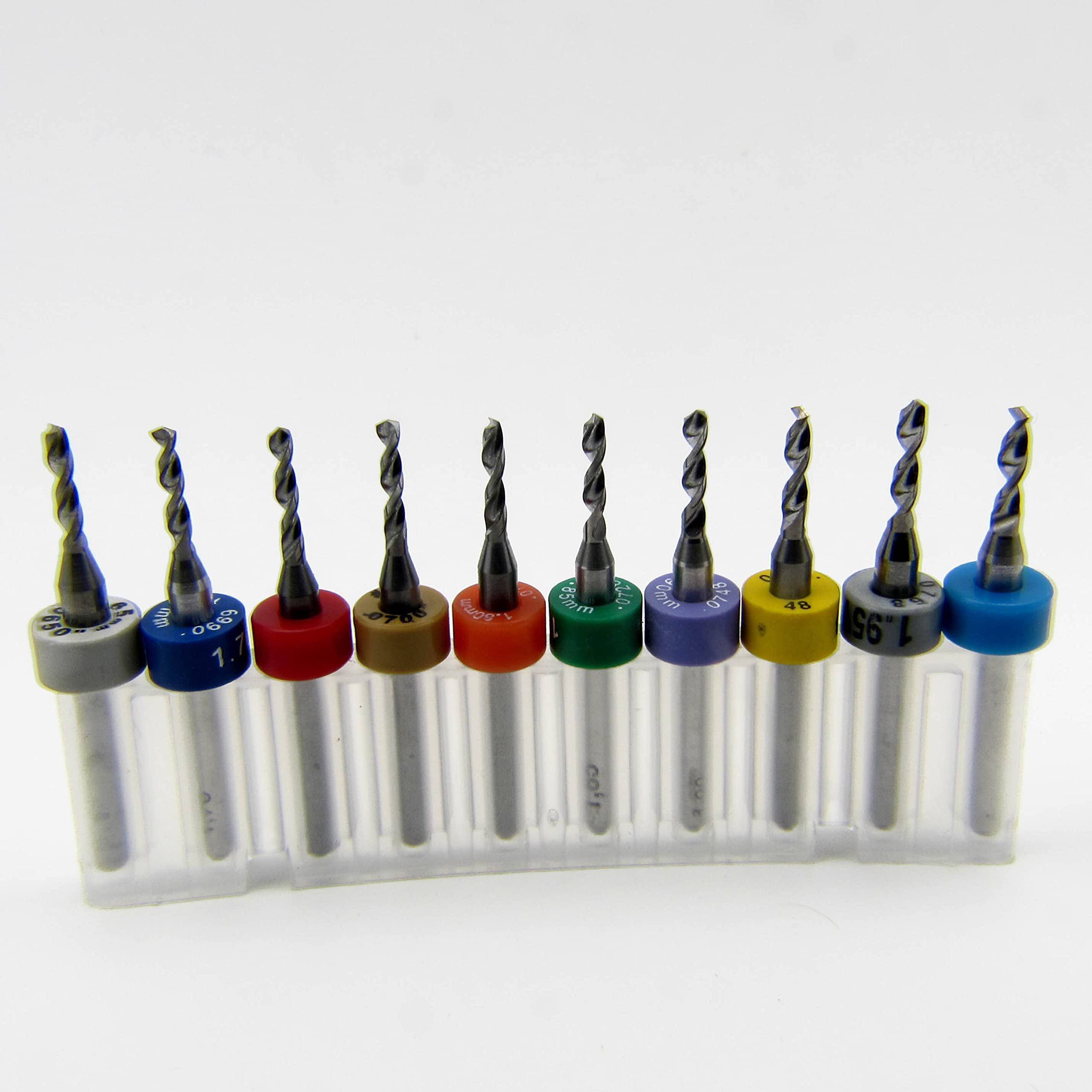 Ten Size Solid Carbide Drill Bit Set .065" - .0781" 1.65-1.98mm .065, 067/#51 .0689"/1.75mm .070"/#50 .0709"/1.80mm .073"/#49/1.85m .0748" 1.90mm .076"/#48 .0768"/1.95mm 5/64"/.0781"1/8" Shanks