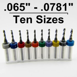 Ten Size Solid Carbide Drill Bit Set .065" - .0781" 1.65-1.98mm .065, 067/#51 .0689"/1.75mm .070"/#50 .0709"/1.80mm .073"/#49/1.85m .0748" 1.90mm .076"/#48 .0768"/1.95mm 5/64"/.0781"1/8" Shanks