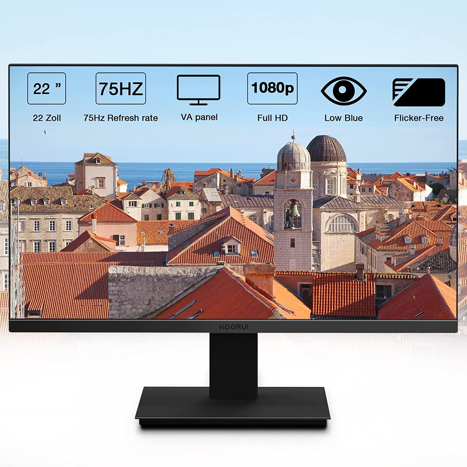 KOORUI 22 Inch Computer Monitor, FHD 1080P Desktop Display, 75HZ Ultra Thin Bezel/Eye Care/Ergonomic Tilt, HDMI VGA Ports LED Monitor for PC, VESA Mounting