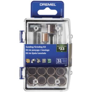 dremel 727-01 sanding & grinding rotary tool accessory kit with case, 31-piece – includes grinding stones, sanding bands, cut-off wheel and mandrel