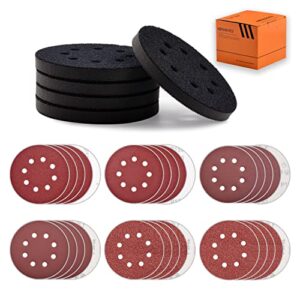 tshya 5 pcs 5 inch 8 holes hook and loop backing sponge pad soft density interface pads buffer backing cushion with 30 pcs 5 inch sanding discs include 100/150/180/240/320/400 grit