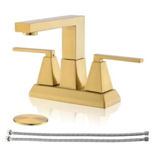 bravebar brushed gold 2 handle bathroom faucet - 4in centerset faucet bathroom | modern brass faucets for bathroom sink with pop up drain assembly & 360° swivel spout gold