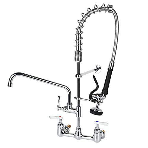 TCEUMIK Commercial Kitchen Sink Faucet with Pre-Rinse Sprayer 8 Inch Center 27" Height Wall-Mount Faucet with 12'' Add-on Swivel Spout for 1, 2, 3 Industrial/Restaurant Compartment Utility Sinks