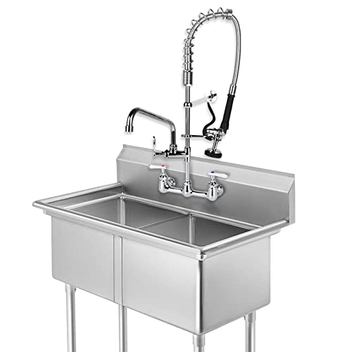 TCEUMIK Commercial Kitchen Sink Faucet with Pre-Rinse Sprayer 8 Inch Center 27" Height Wall-Mount Faucet with 12'' Add-on Swivel Spout for 1, 2, 3 Industrial/Restaurant Compartment Utility Sinks