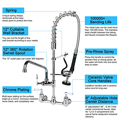 TCEUMIK Commercial Kitchen Sink Faucet with Pre-Rinse Sprayer 8 Inch Center 27" Height Wall-Mount Faucet with 12'' Add-on Swivel Spout for 1, 2, 3 Industrial/Restaurant Compartment Utility Sinks