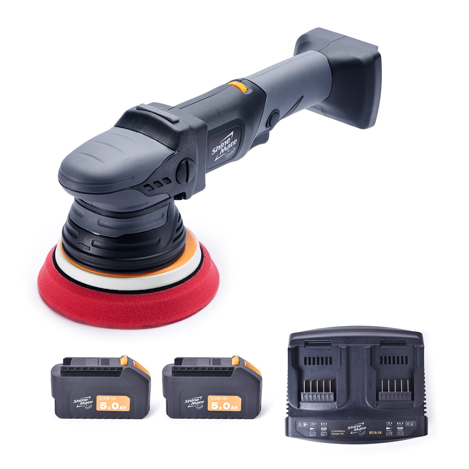 ShineMate Cordless Orbital Polisher Kit with Brushless Motor 5 Inch 15 MM Throw, Portable Li-ion System Buffer Polisher 2000-5000 OPM With 2pcs 18V 5Ah Batteries