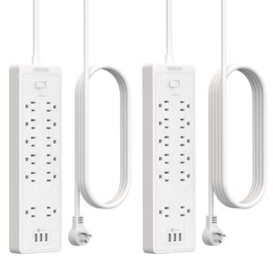 extra long surge protector power strip with usb ports, ntonpower power strip with 12 outlet(2 widely space), 15ft/25ft long extension cord, flat plug power strip, wall mountable for home office, white