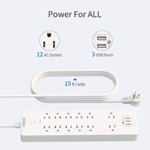 Extra Long Surge Protector Power Strip with USB Ports, NTONPOWER Power Strip with 12 Outlet(2 Widely Space), 15Ft/25Ft Long Extension Cord, Flat Plug Power Strip, Wall Mountable for Home Office, White