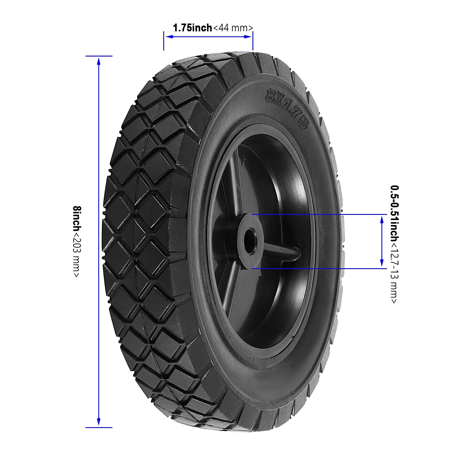 KOHAND 4 Pack 8 Inch Rubber Replacement Tire, Semi-Pneumatic Tire Plastic Wheel with 1/2-Inch Bore Offset Axle for Hand Trucks, Lawnmowers, Utility Carts, Black