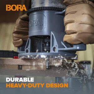 BORA Tools PM-6210 Fixed Router Base for Bora Router Motor PM-6200 Ergonomic Handles, Solid Cast Aluminum with Micro Adjustable Ring and Base Plates, Fits Standard 4.2in Diameter Router motors