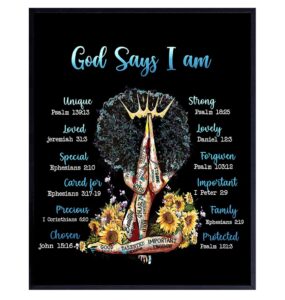 positive affirmations black wall art - inspirational bible verses religious god decor - spiritual christian scripture poster - african american women, black woman, girls - i am - encouragement gifts