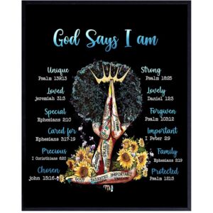 Positive Affirmations Black Wall Art - Inspirational Bible Verses Religious God Decor - Spiritual Christian Scripture Poster - African American Women, Black Woman, Girls - I Am - Encouragement Gifts