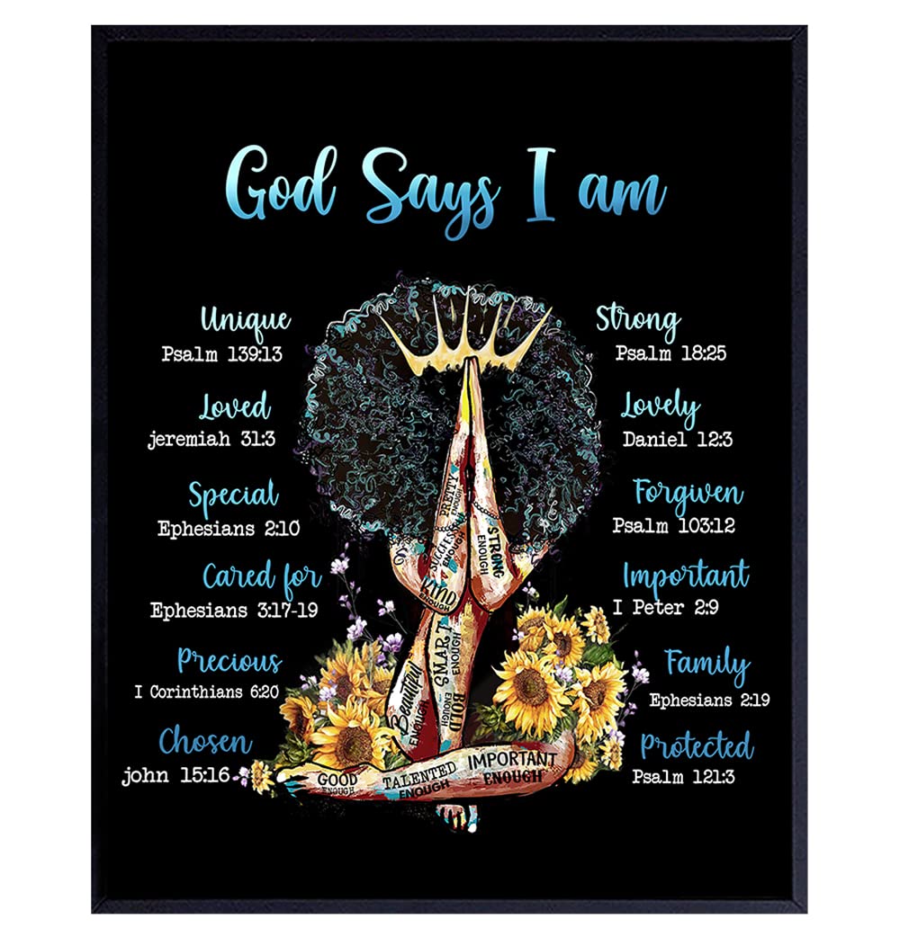 Positive Affirmations Black Wall Art - Inspirational Bible Verses Religious God Decor - Spiritual Christian Scripture Poster - African American Women, Black Woman, Girls - I Am - Encouragement Gifts