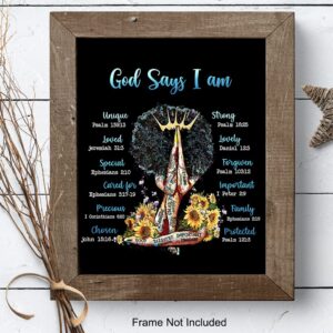 Positive Affirmations Black Wall Art - Inspirational Bible Verses Religious God Decor - Spiritual Christian Scripture Poster - African American Women, Black Woman, Girls - I Am - Encouragement Gifts