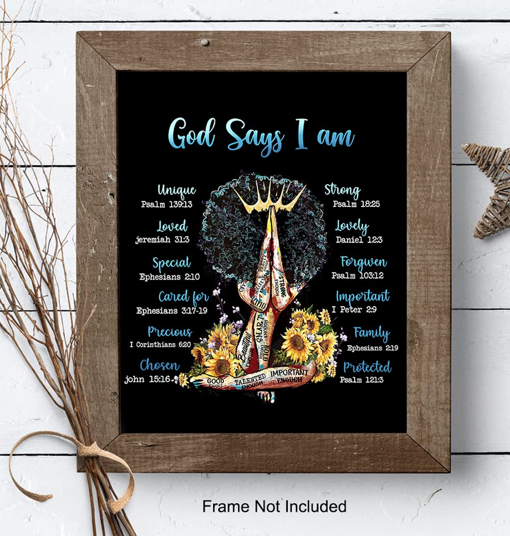 Positive Affirmations Black Wall Art - Inspirational Bible Verses Religious God Decor - Spiritual Christian Scripture Poster - African American Women, Black Woman, Girls - I Am - Encouragement Gifts