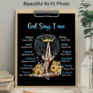 Positive Affirmations Black Wall Art - Inspirational Bible Verses Religious God Decor - Spiritual Christian Scripture Poster - African American Women, Black Woman, Girls - I Am - Encouragement Gifts