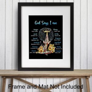 Positive Affirmations Black Wall Art - Inspirational Bible Verses Religious God Decor - Spiritual Christian Scripture Poster - African American Women, Black Woman, Girls - I Am - Encouragement Gifts