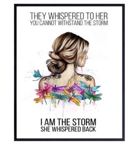 they whispered to her you cannot withstand the storm she whispered back i am the storm wall art decor - positive motivational inspirational quote - encouragement gifts for women - boho dragonfly print