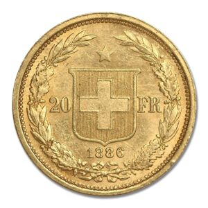 1886 No Mint Mark -1895 Swiss Gold Crowned Head Helvetica Extra Fine to About Uncirculated by CoinFolio 20 FR Seller XF-AU