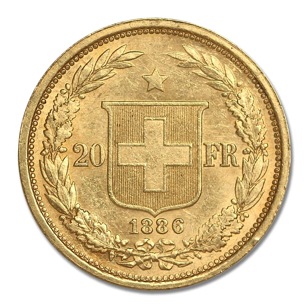 1886 No Mint Mark -1895 Swiss Gold Crowned Head Helvetica Extra Fine to About Uncirculated by CoinFolio 20 FR Seller XF-AU