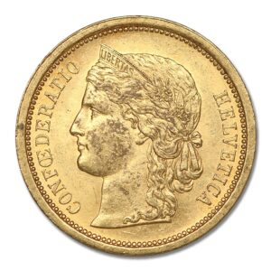 1886 no mint mark -1895 swiss gold crowned head helvetica extra fine to about uncirculated by coinfolio 20 fr seller xf-au