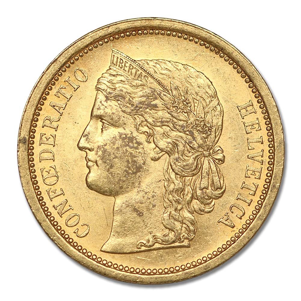 1886 No Mint Mark -1895 Swiss Gold Crowned Head Helvetica Extra Fine to About Uncirculated by CoinFolio 20 FR Seller XF-AU