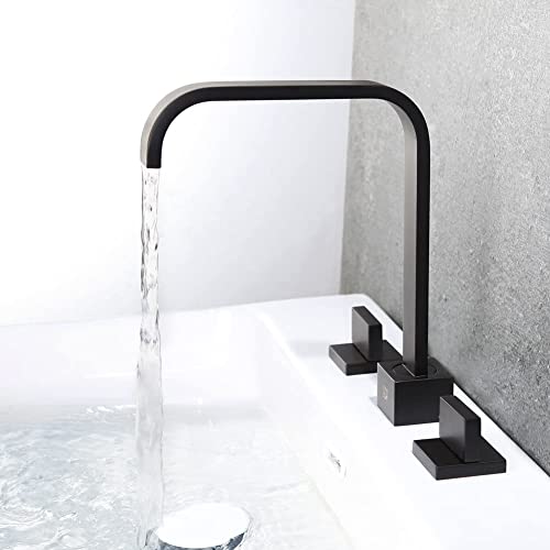 POP SANITARYWARE Matte Black 2-Handle 3 Holes Widespread Bathroom Sink Faucet with Pop-Up Drain Assembly Solid Brass 8 Inches Waterfall Bathroom Vanity Faucet Basin Mixer Faucets