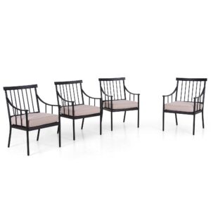 PHI VILLA Outdoor Metal Dining Chairs with Cushion, 300lbs Black Heavy Duty Weatherproof Chairs for Patio, Deck, Yard - Set of 4