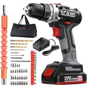 scans cordless drill driver, 20v electric power drill kit, 354 in-lb torque, variable speed, 3/8" keyless chuck, 16+1 position power tools kit & 28pcs drill/driver bits for home, wood, brick, sc1180-1