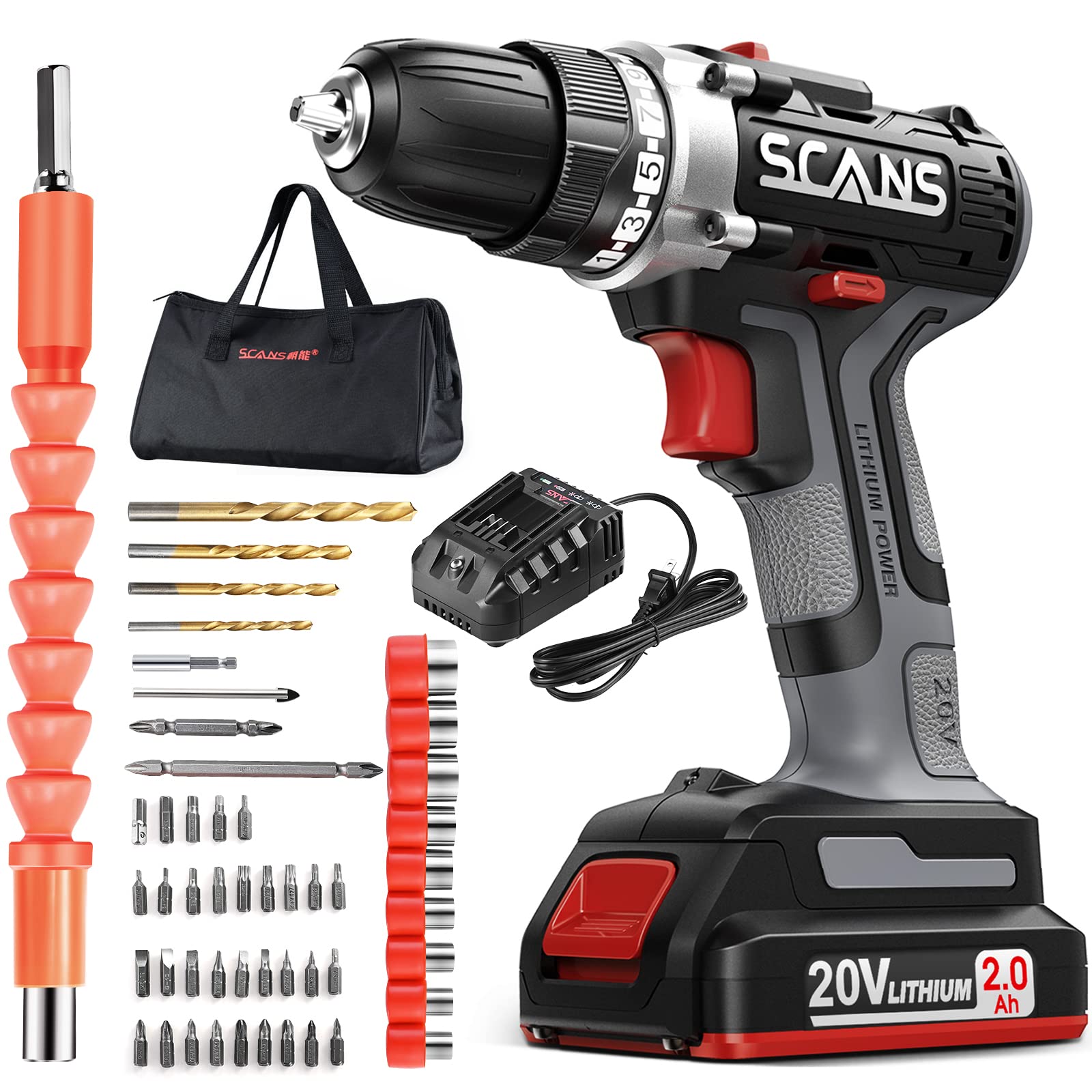 SCANS Cordless Drill Driver, 20V Electric Power Drill Kit, 354 In-lb Torque, Variable Speed, 3/8" Keyless Chuck, 16+1 Position Power Tools Kit & 28pcs Drill/Driver Bits for Home, Wood, Brick, SC1180-1