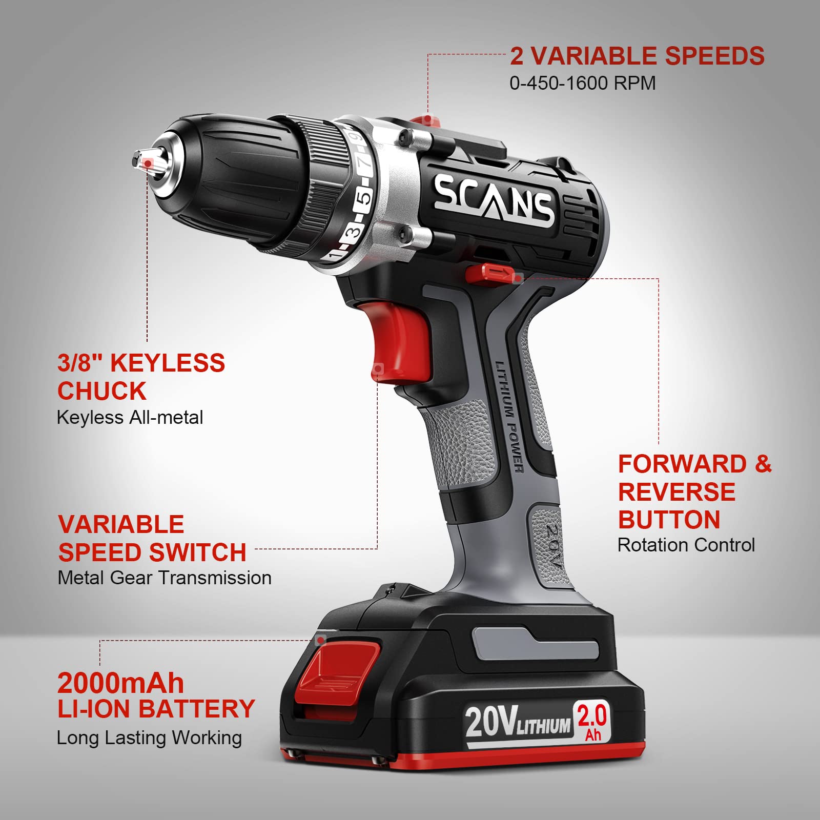 SCANS Cordless Drill Driver, 20V Electric Power Drill Kit, 354 In-lb Torque, Variable Speed, 3/8" Keyless Chuck, 16+1 Position Power Tools Kit & 28pcs Drill/Driver Bits for Home, Wood, Brick, SC1180-1