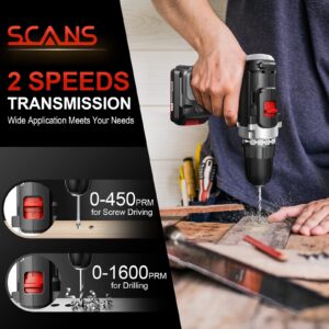 SCANS Cordless Drill Driver, 20V Electric Power Drill Kit, 354 In-lb Torque, Variable Speed, 3/8" Keyless Chuck, 16+1 Position Power Tools Kit & 28pcs Drill/Driver Bits for Home, Wood, Brick, SC1180-1