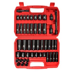 llndei 3/8" drive impact socket set sae and metric (5/16"- 3/4", 8-22mm) 48pcs, cr-v steel, 6 point sockets, extension bar (3-in, 6-in), 1/2"f to 3/8"m reducer, 3/8" universal joint