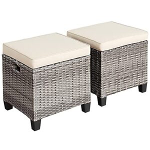 tangkula 2 pieces patio rattan ottomans, outdoor wicker footstool footrest seat with soft cushions and steel frame, all-weather patio ottoman set for backyard garden poolside (white)