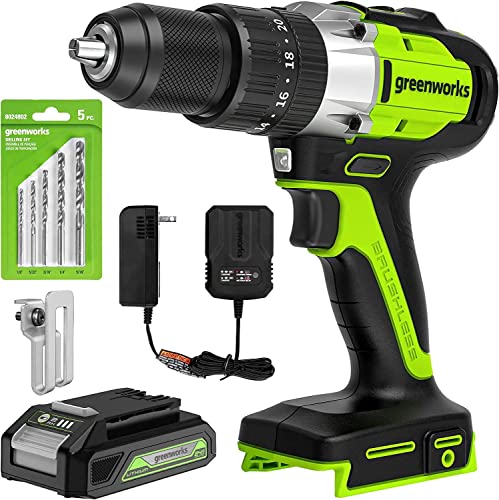 Greenworks 24V Brushless 1/2" Hammer Drill (Metal Chuck / 530 in.-lbs.  / 20+3 Clutch / LED Light) + 5 PC Drill Bits, 2.0Ah Battery and Charger Included