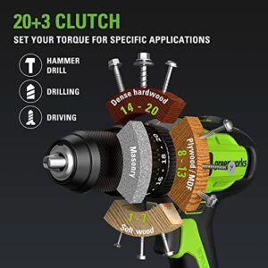 Greenworks 24V Brushless 1/2" Hammer Drill (Metal Chuck / 530 in.-lbs.  / 20+3 Clutch / LED Light) + 5 PC Drill Bits, 2.0Ah Battery and Charger Included