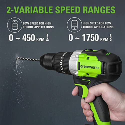 Greenworks 24V Brushless 1/2" Hammer Drill (Metal Chuck / 530 in.-lbs.  / 20+3 Clutch / LED Light) + 5 PC Drill Bits, 2.0Ah Battery and Charger Included