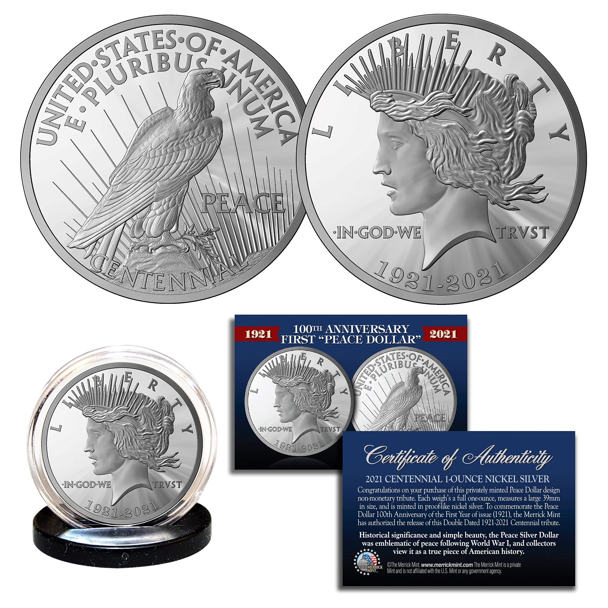 100th Anniversary of The First Peace Silver Dollar 1 OZ 39mm Tribute Coin Medallion Double Dated with Certificate