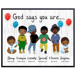 God Says You Are Wall Art - Religious Gifts - African American Boys Room Decor - Spiritual Christian Gifts - Inspirational Bible Verses - Scripture Home Decor- God Wall Art - Black Boys Bedroom Decor