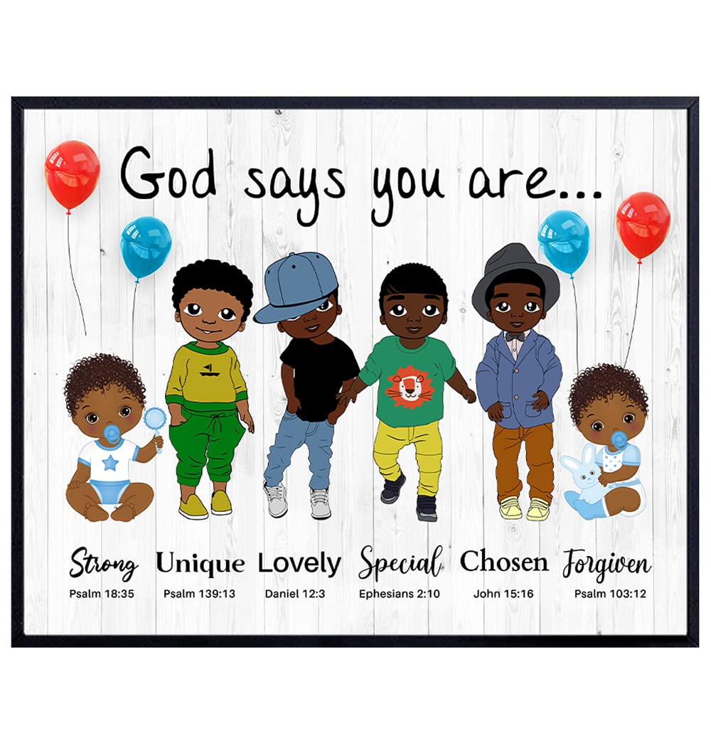 God Says You Are Wall Art - Religious Gifts - African American Boys Room Decor - Spiritual Christian Gifts - Inspirational Bible Verses - Scripture Home Decor- God Wall Art - Black Boys Bedroom Decor