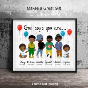 God Says You Are Wall Art - Religious Gifts - African American Boys Room Decor - Spiritual Christian Gifts - Inspirational Bible Verses - Scripture Home Decor- God Wall Art - Black Boys Bedroom Decor