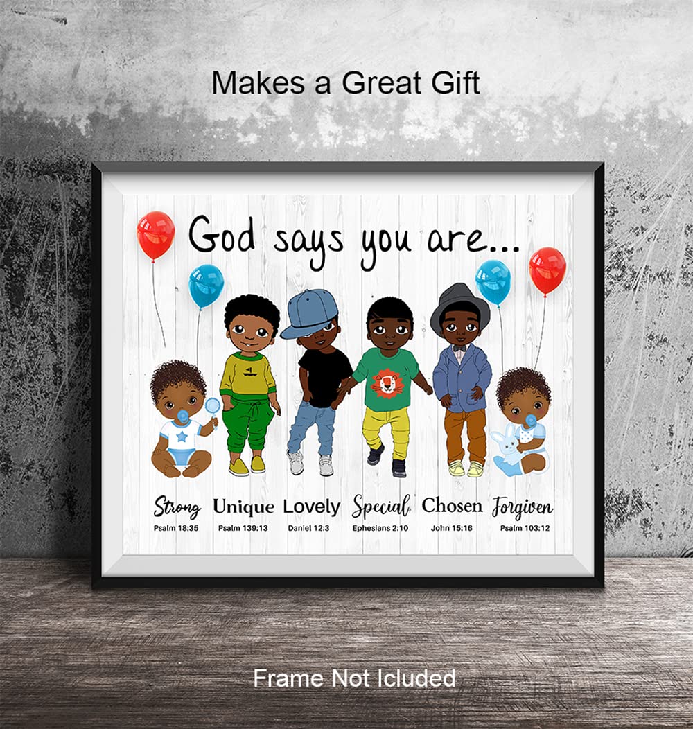 God Says You Are Wall Art - Religious Gifts - African American Boys Room Decor - Spiritual Christian Gifts - Inspirational Bible Verses - Scripture Home Decor- God Wall Art - Black Boys Bedroom Decor