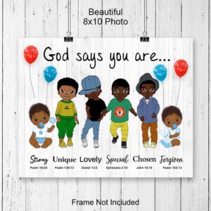 God Says You Are Wall Art - Religious Gifts - African American Boys Room Decor - Spiritual Christian Gifts - Inspirational Bible Verses - Scripture Home Decor- God Wall Art - Black Boys Bedroom Decor