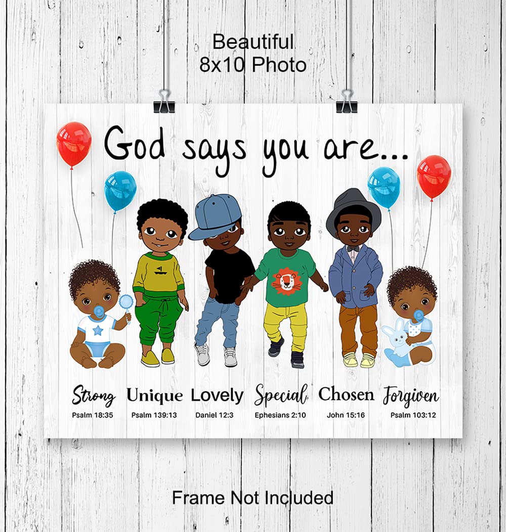 God Says You Are Wall Art - Religious Gifts - African American Boys Room Decor - Spiritual Christian Gifts - Inspirational Bible Verses - Scripture Home Decor- God Wall Art - Black Boys Bedroom Decor