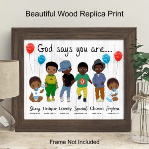 God Says You Are Wall Art - Religious Gifts - African American Boys Room Decor - Spiritual Christian Gifts - Inspirational Bible Verses - Scripture Home Decor- God Wall Art - Black Boys Bedroom Decor