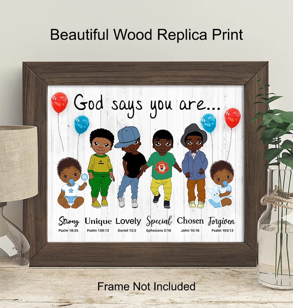 God Says You Are Wall Art - Religious Gifts - African American Boys Room Decor - Spiritual Christian Gifts - Inspirational Bible Verses - Scripture Home Decor- God Wall Art - Black Boys Bedroom Decor